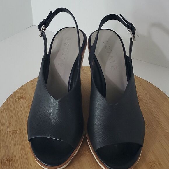 1. State Black Leather Genna Slingback Wedge Sandal Peep Toe Heel 10M - Picture 9 of 14